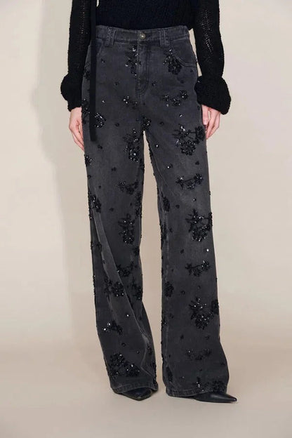 Jhenie Denim Beaded Sequin Floral Pattern Mid Rise Pocket Wide Leg Jeans