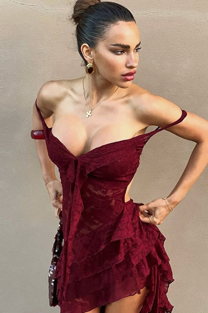 Lace Slim Drawstring Cutout Sheer Irregular Tube Top Boho Dress