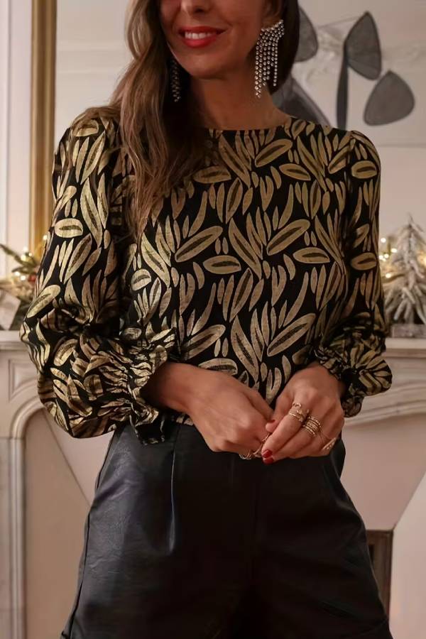 Black Gold Foil Leaf Print Back Tie Deep V Backless Puff Sleeve Crop Blouse