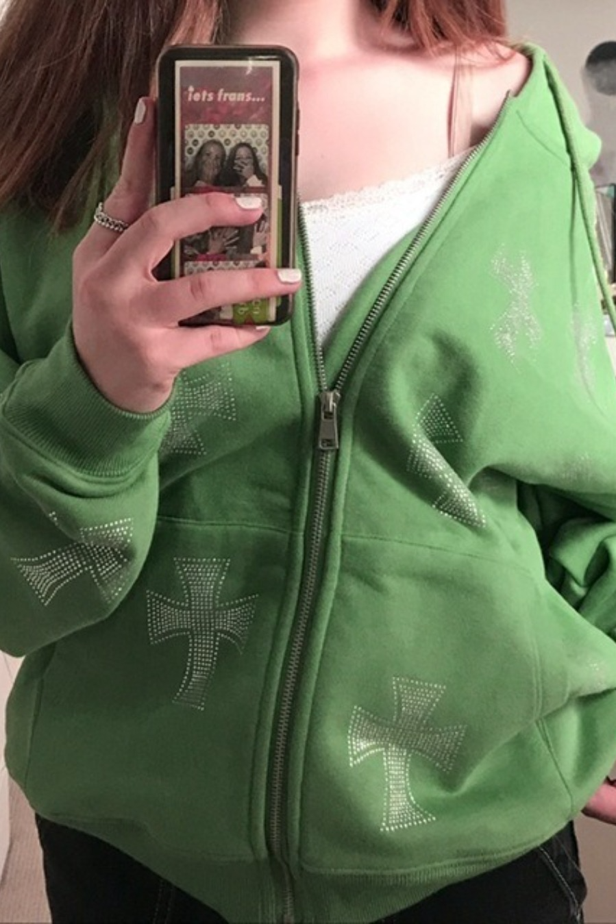 Casual Loose Rhinestone Hooded Zip Hoodie