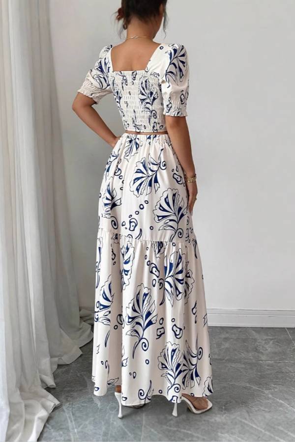 Square Neck Puff Sleeve Printed Crop Top & Ruffle Hem Slit Maxi Skirt Two-Piece Set
