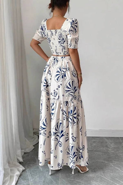 Square Neck Puff Sleeve Printed Crop Top & Ruffle Hem Slit Maxi Skirt Two-Piece Set