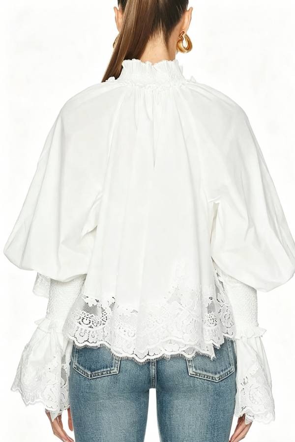 Court Style Lace Trim Stand Neck Balloon Sleeve Cape Blouse