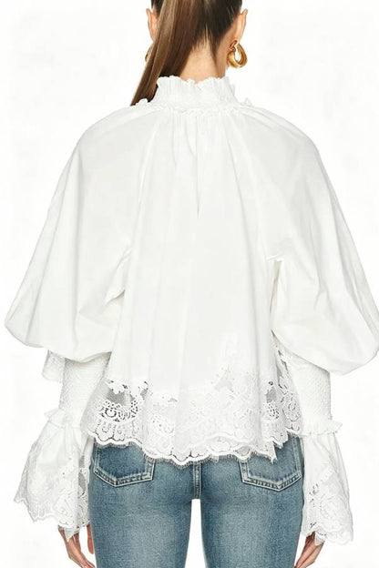 Court Style Lace Trim Stand Neck Balloon Sleeve Cape Blouse