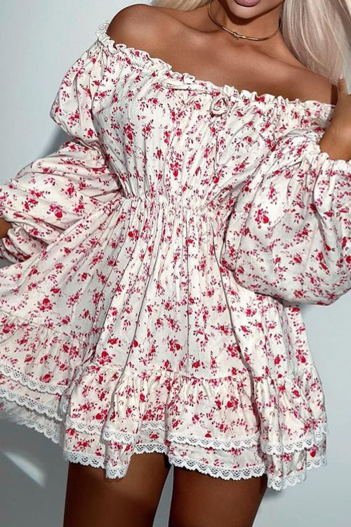 Off Shoulder Puff Sleeve Ruched Waist A Line Floral Dress