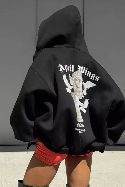 Retro Angel Dove Back Print Zip Hoodie