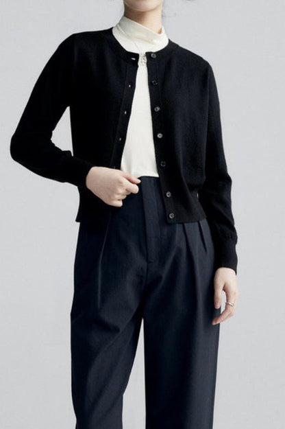 Solid Color Round Neck Knit Cardigan