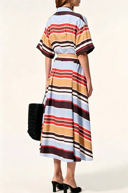 Josephine Colorful Stripes Button Up Wide Sleeve Belt Pocket Shirt Midi Dress