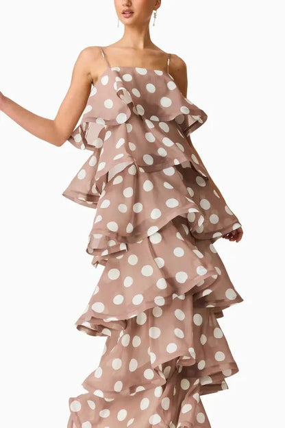 Polka Dot Print Layered Square Neck Suspender Casual A-line Maxi Dress