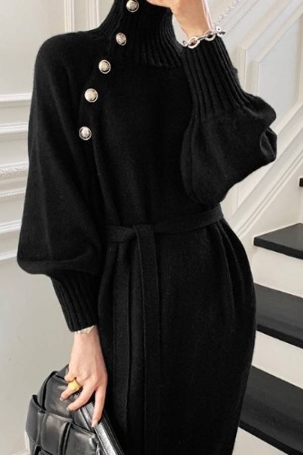 Diagonal‑Button Turtleneck Waist‑Tie Knit Midi Dress