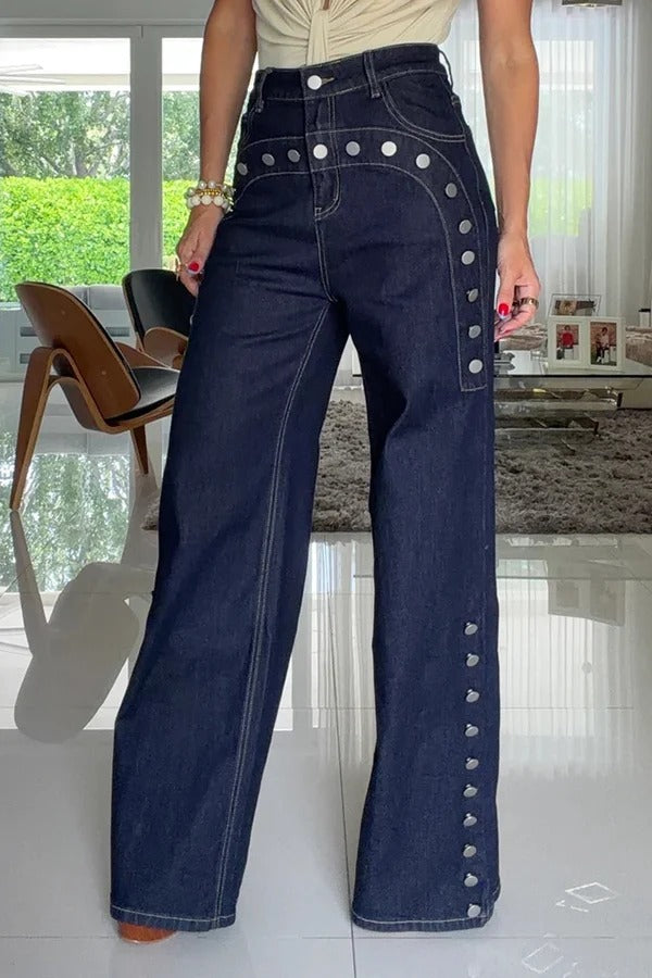 Icon Style Denim Metal Button Design High Rise Pocket Wide Leg Jeans
