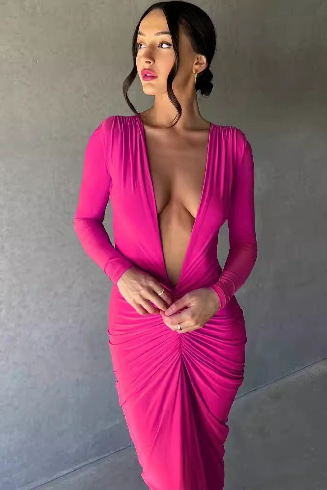 V Neck Bodycon Ruched Solid Long Sleeve Formal Dress