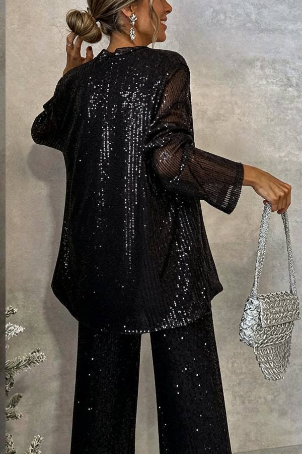 Party Scene Sequin Open Front Long Sleeve Drape Coat