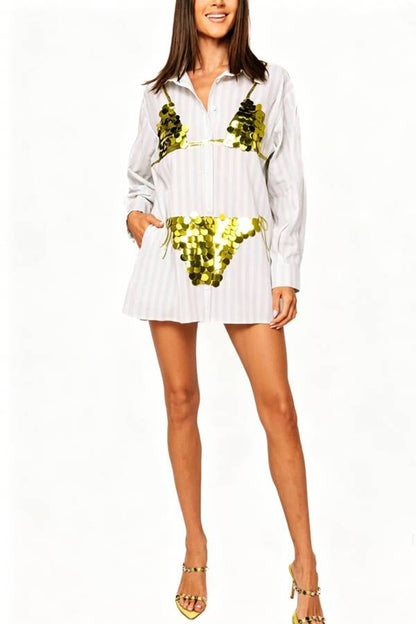 Vacation Vibe Gold Sequin Bikini Pattern Blue & White Stripe Button Up Pocket Tunic