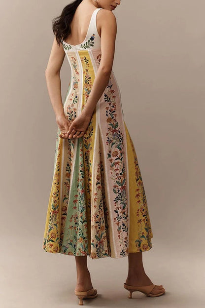 Sweet Garden Linen Blend Color Block Floral Paneled Maxi Dress