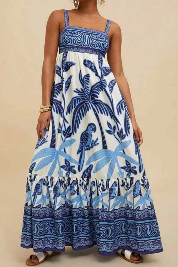 Tropical Print Square-Neck Cami Maxi Dress