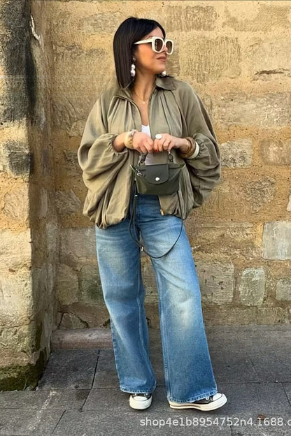 Oversized Puff Sleeve Bomber Jacket
