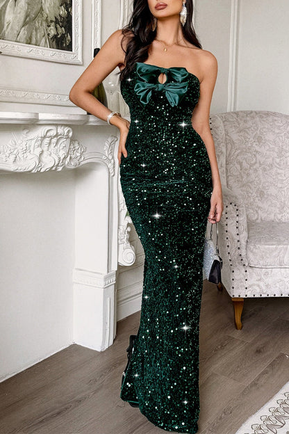 Strapless Bow Maxi Party Dress