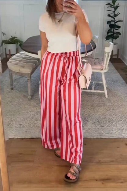 Vacation Striped Drawstring Waist Wide Leg Pants