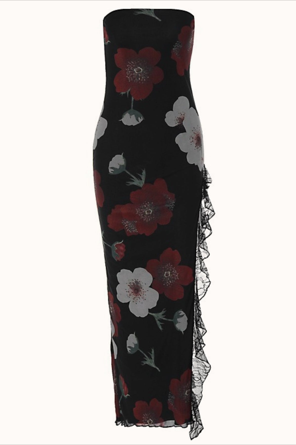 Off Shoulder Mesh Strapless Slit Slim Floral Dress
