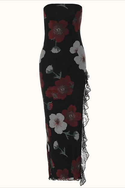 Off Shoulder Mesh Strapless Slit Slim Floral Dress