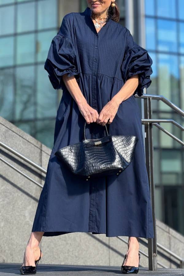 Stand‑Collared Puff Sleeve Tie‑Waist Shirt Midi Dress