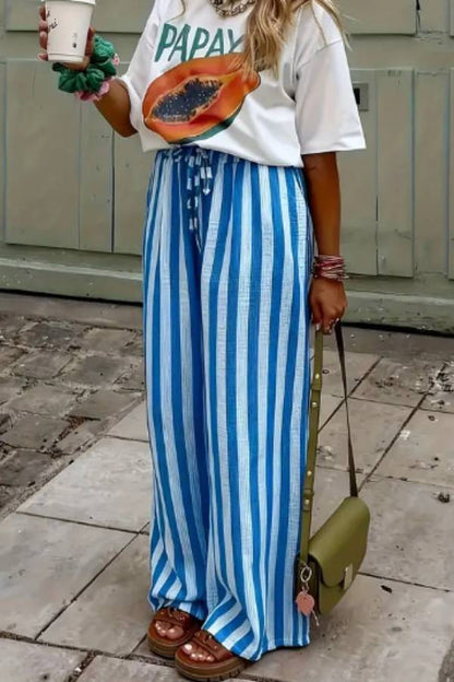 Vacation Striped Drawstring Waist Wide Leg Pants