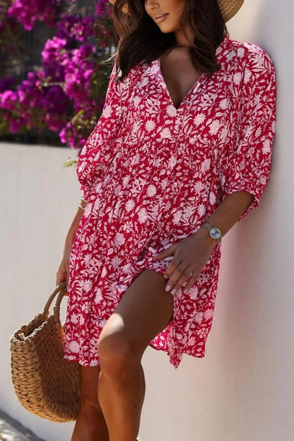 Women's V Neck Half Sleeve Floral Tunic Short Dress