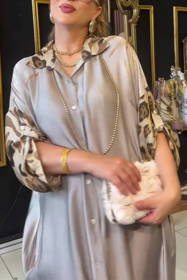 Spliced Leopard Print Shiny Satin Long Shirt Dress