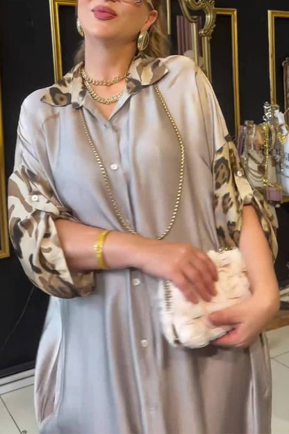 Spliced Leopard Print Shiny Satin Long Shirt Dress