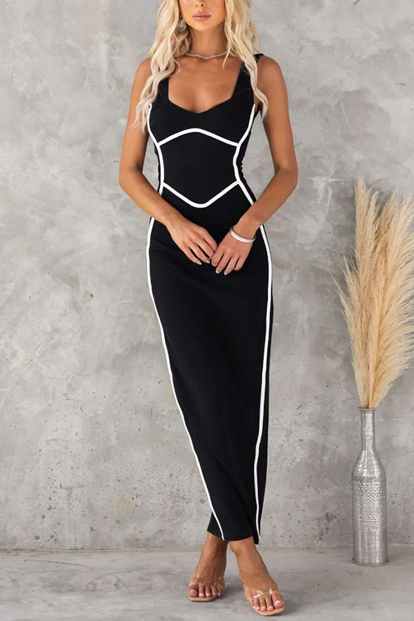 Scoop Neck Contrast Piping Bodycon Maxi Dress