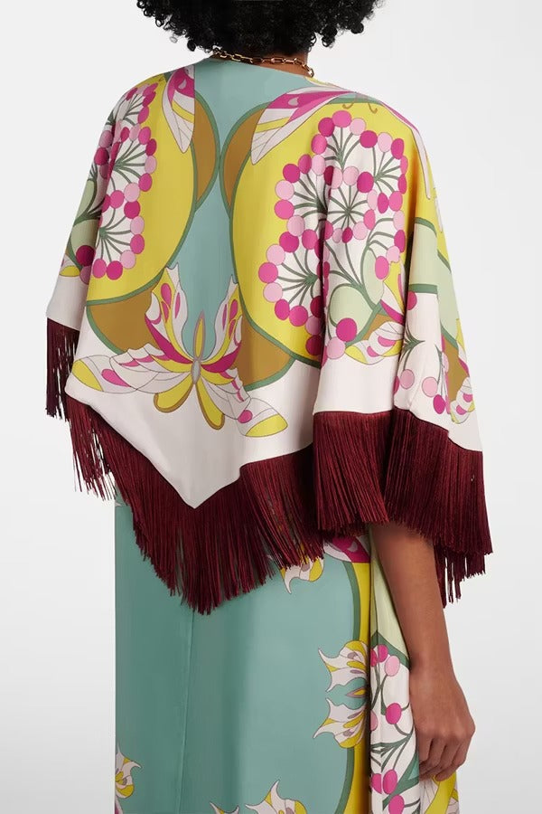 Boho Ethnic-style Floral Pattern Tassel Trim Loose Cape Top