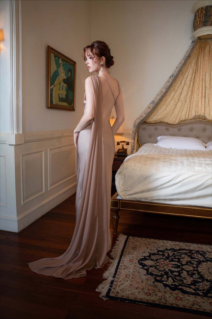 Elegant Satin Slant Neck Sheath Formal Dress