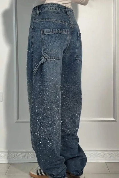 Fashionable Rhinestone Mid-rise Loose Pocket Straight Jeans