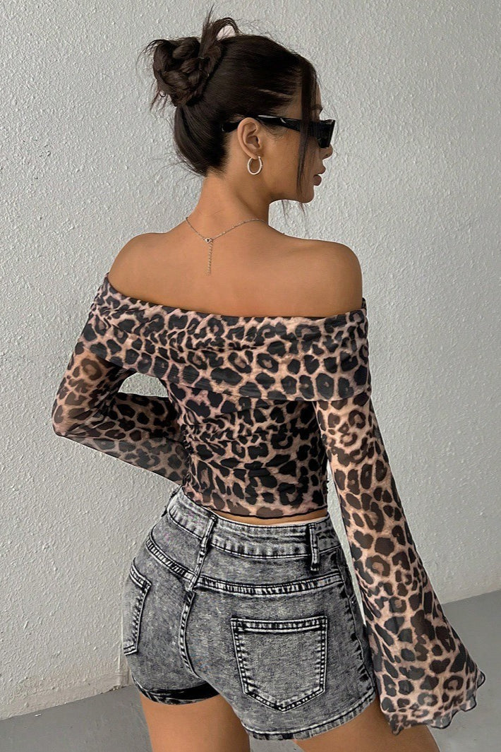 Leopard Print Off Shoulder Long Sleeve Tee