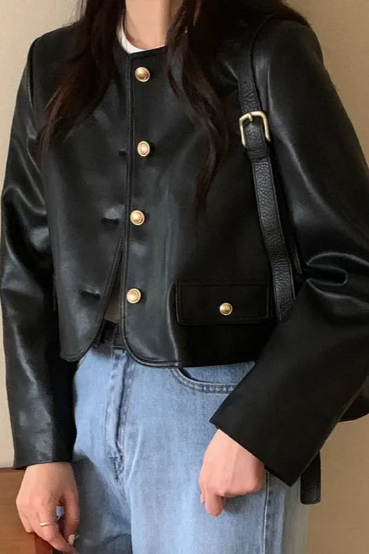 Retro O-Neck PU Leather Jacket