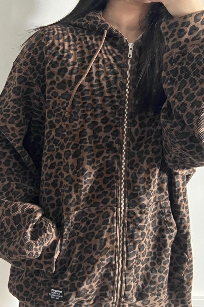 Leopard Print Waffle Zip Drawstring Unisex Vintage Hoodie