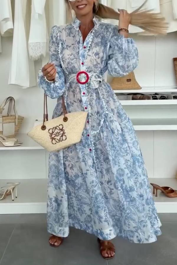 Blue Floral Print Waisted Maxi Dress