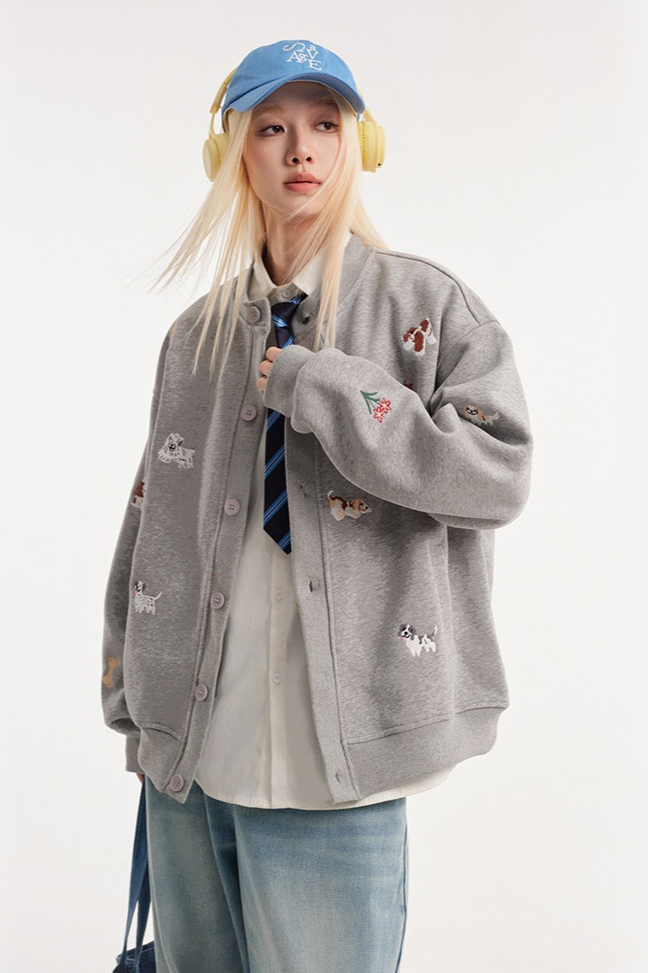 Cartoon Dog Terry Embroidery Cardigan