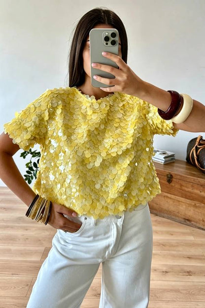 Clarisse Sequin Short Sleeve Back Slit Open Back Loose Top