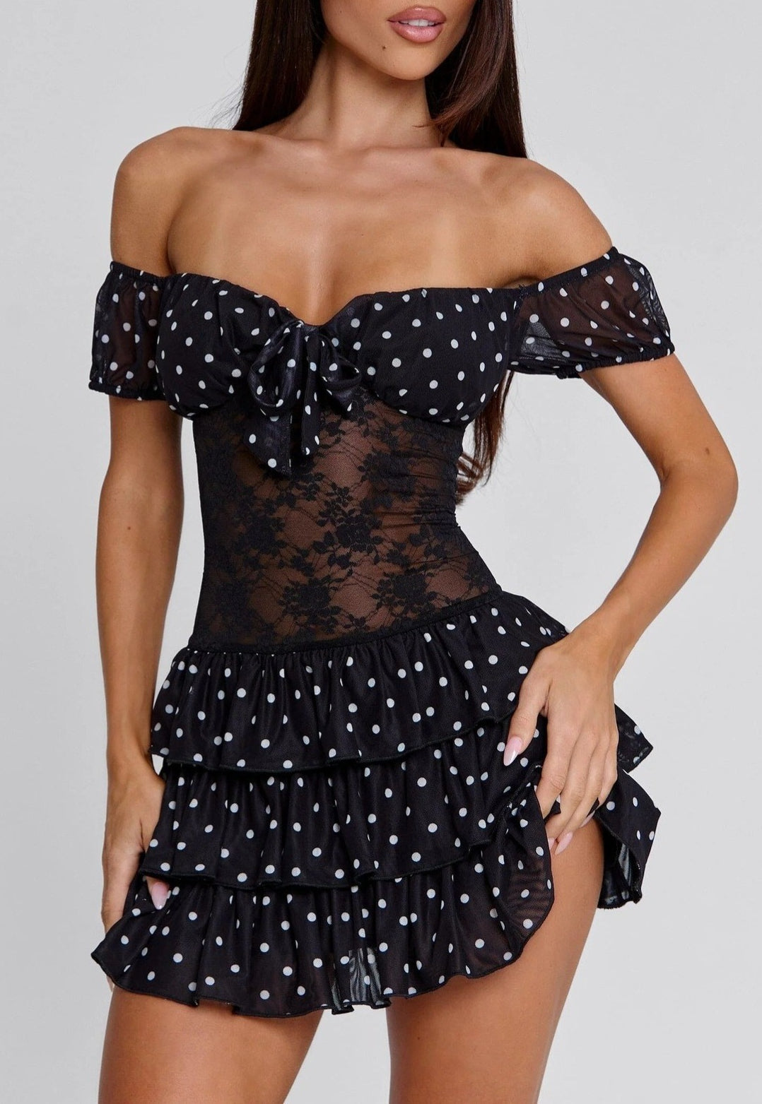 Polka Dot Lace Panel Strapless Mini Dress