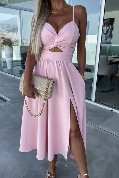 Twist Front Cutout Spaghetti Strap Pocket Side Slit A-Line Midi Dress