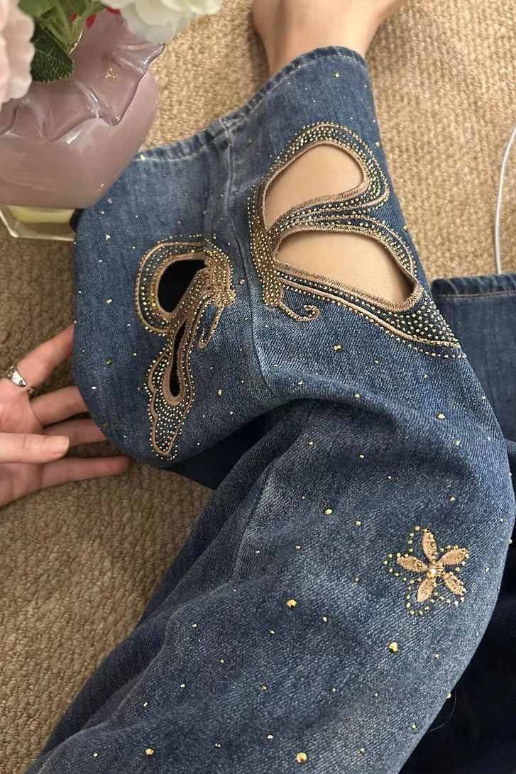 Heavy Embroidery Rhinestone Cutout High Waist Jeans
