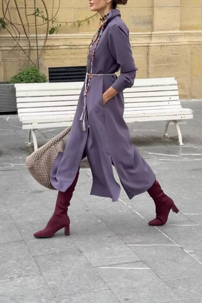 Satin shirt dress with a fitted waist and side slit.