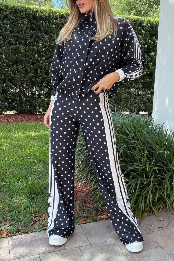 Lucienne Polka Dot Striped Star Print Zipper High Neck Pocket Sporty Jacket