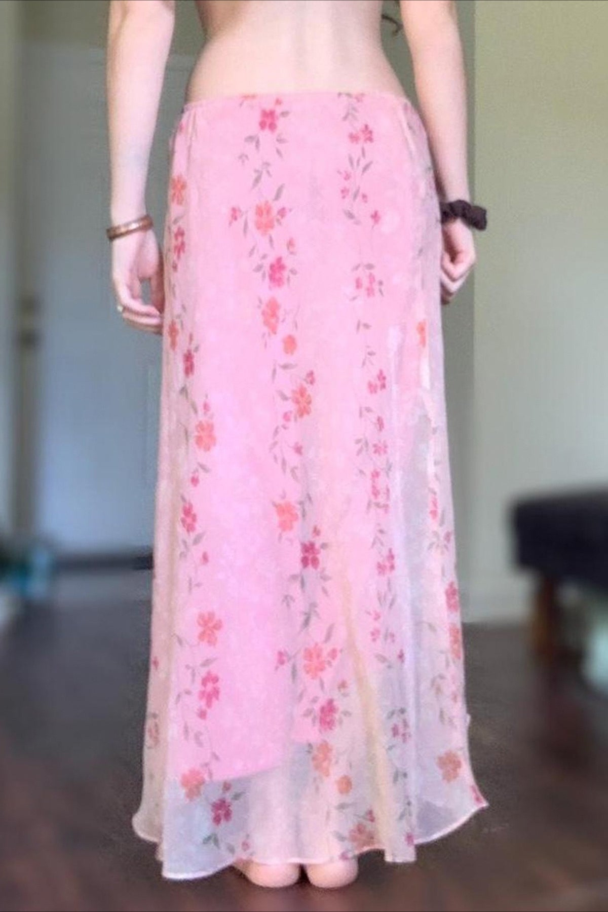 Floral Ruffle Asymmetric Sheer Mesh Vacation Maxi Skirt