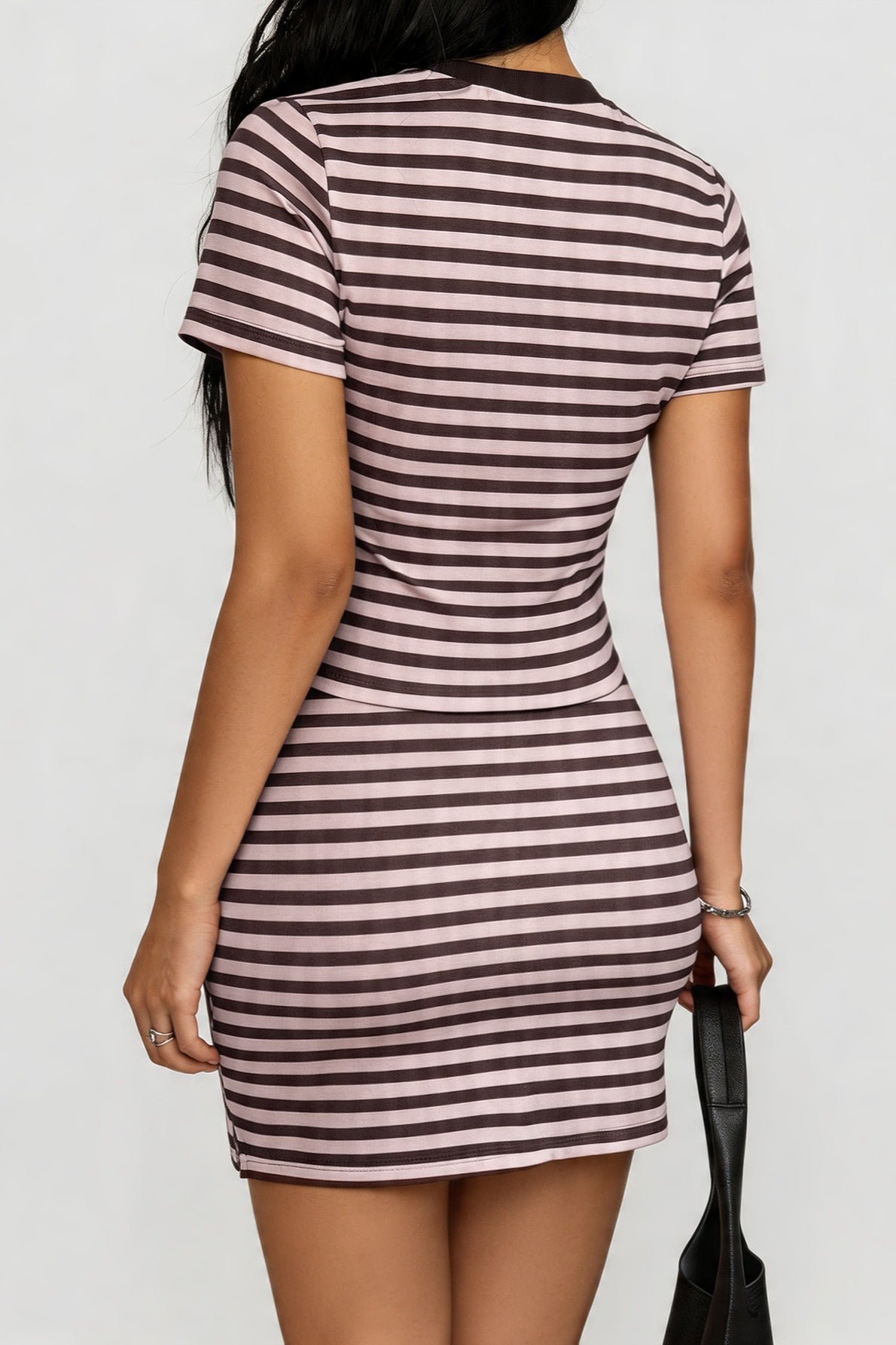 Pink Striped Round Neck Tie Bodycon Skirt Set