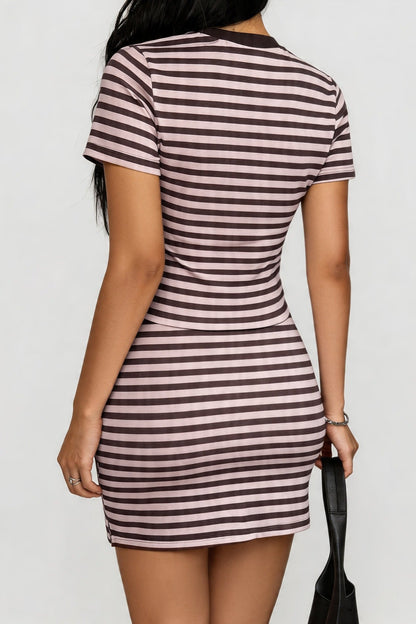 Pink Striped Round Neck Tie Bodycon Skirt Set
