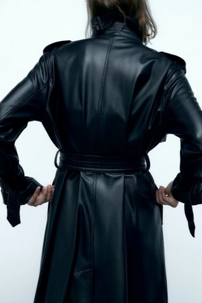 Belted Black Long Faux Leather Casual Versatile Overcoat