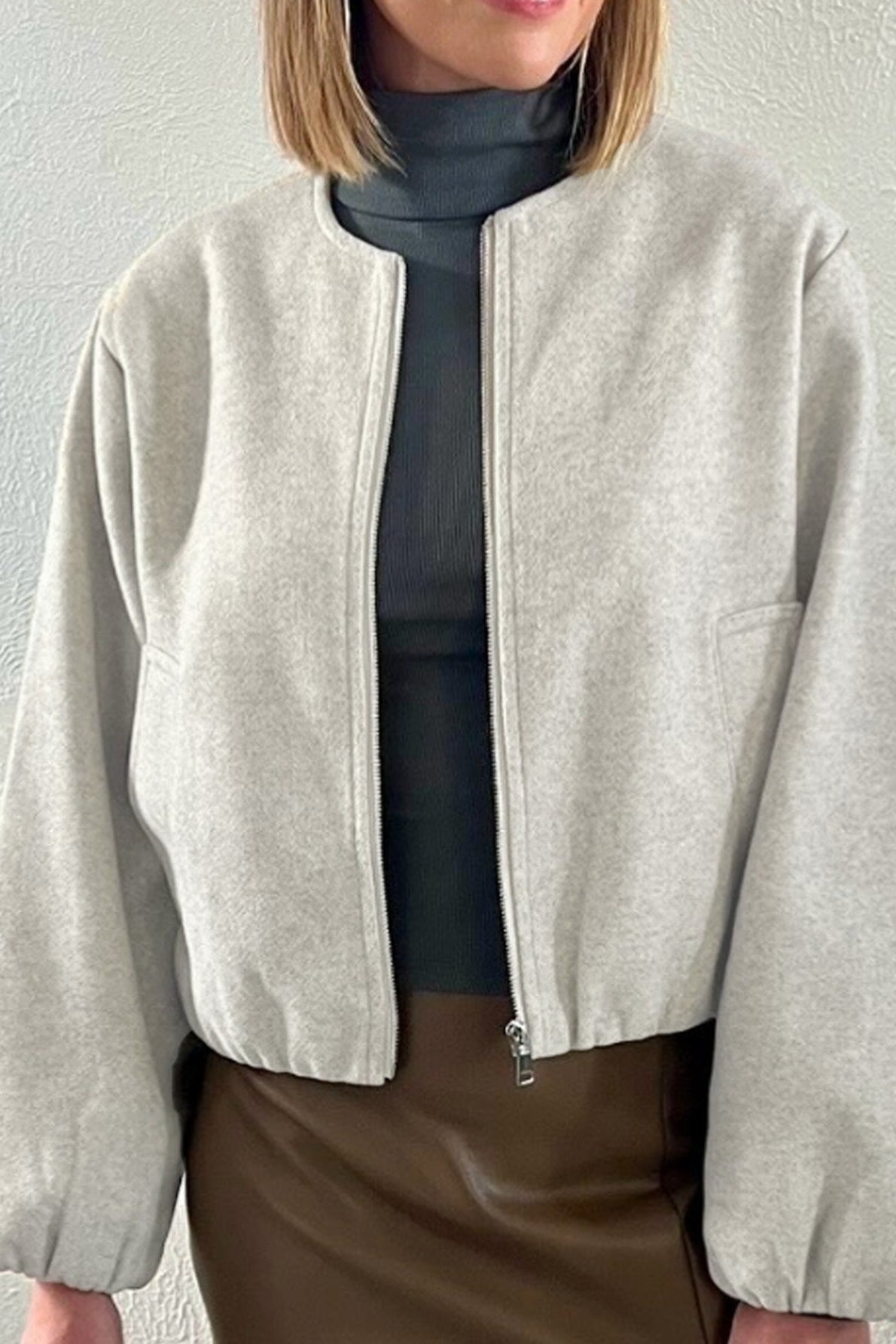 Soft Cropped Crew Neck Bomber Jacket